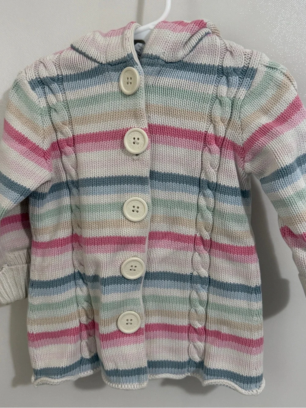 GAP Pastel Striped Hooded Cardigan - Pink, Blue, Cream Chunky Knit
